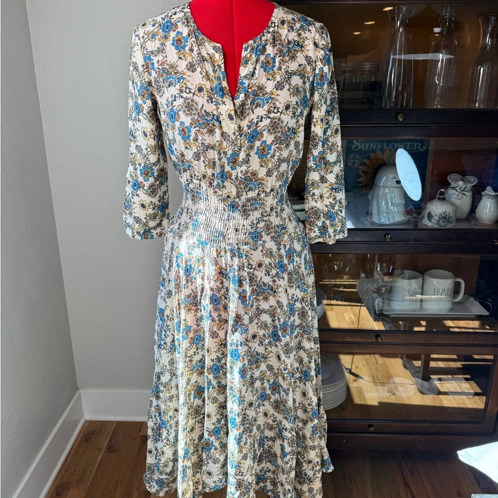 Desigual Blue and Cream Floral Smocked Waist Boho Dress Size S - Picture 2 of 11